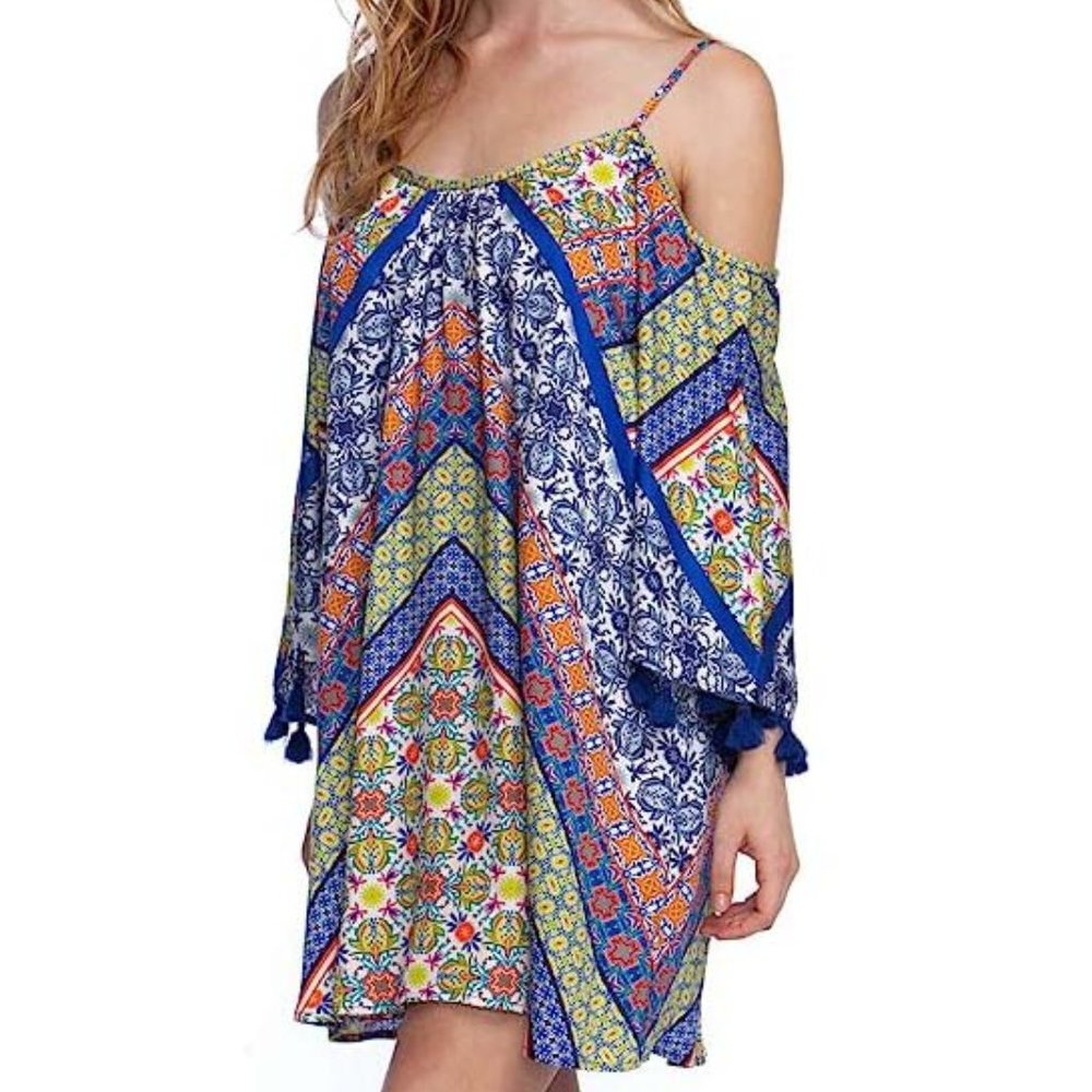 NWT Nanette Lepore Women's Off Shoulder Bell Sleeve Patchwork Cover Up Tunic XS